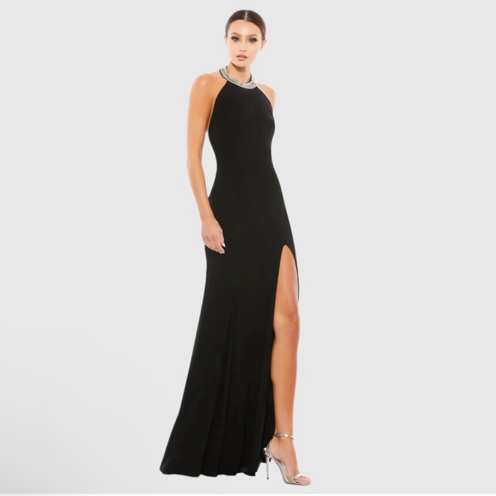 NWT $398 MAC DUGGAL BEADED HALTER JERSEY GOWN DRESS RHINESTONES BLACK 25572
